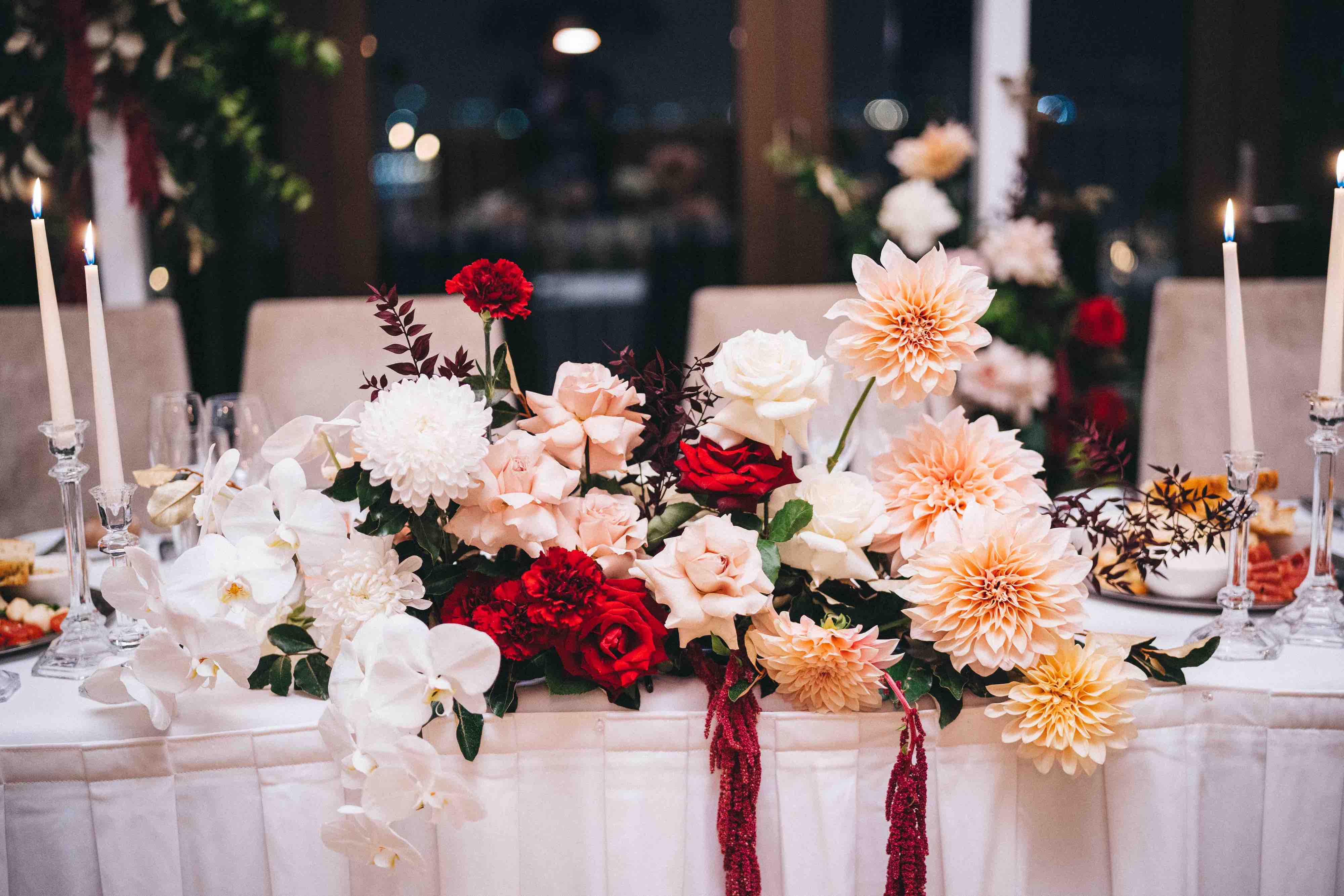 bridal table flowers dahlias roses sergeants mess