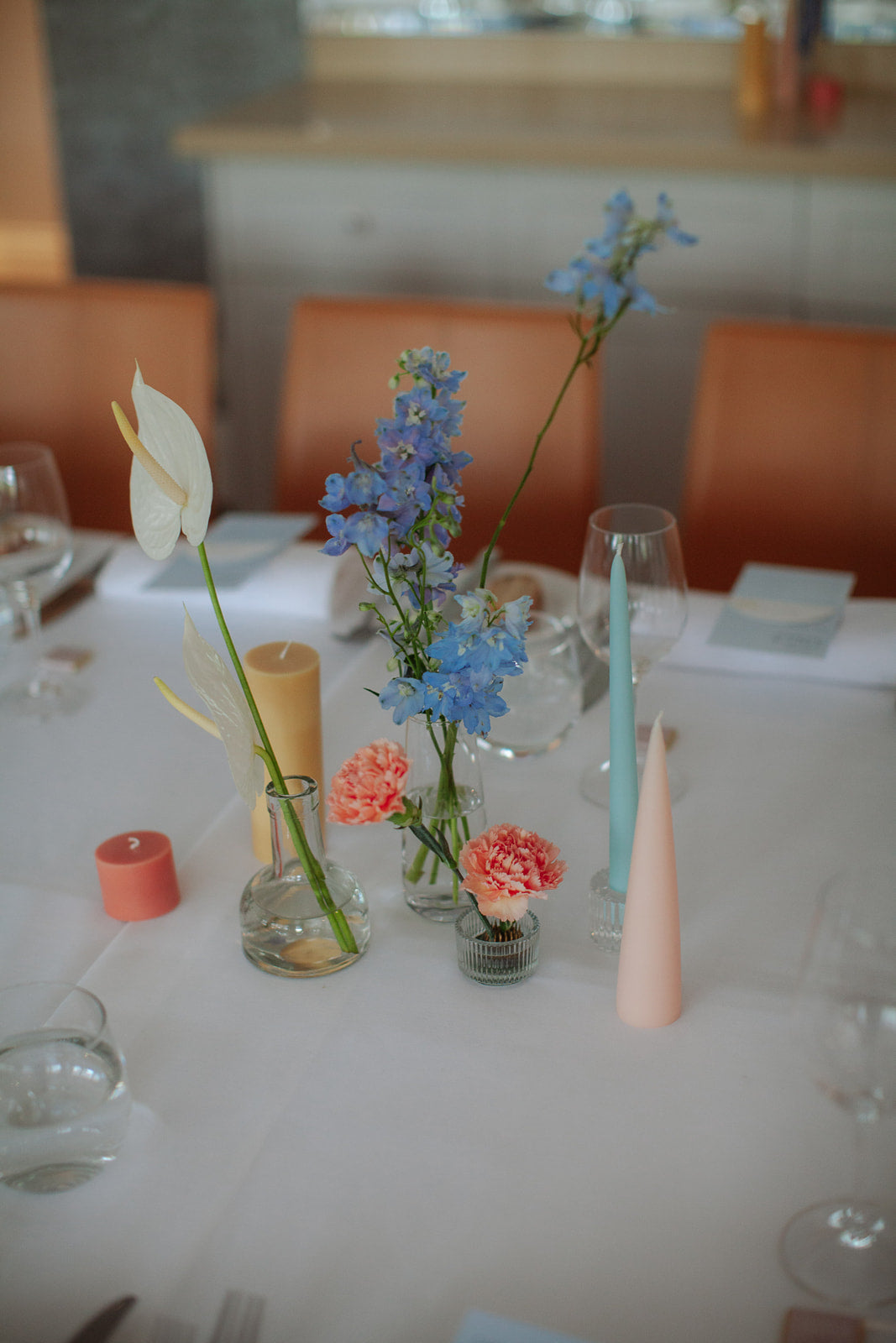 modern colourful whimsical wedding centrepiece flowers candles sydney