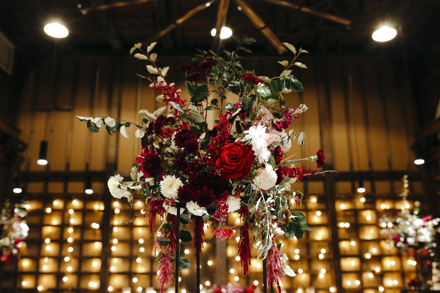 flowers tall on table centrepiece ovolo woolloomolloo hanging festoon lights
