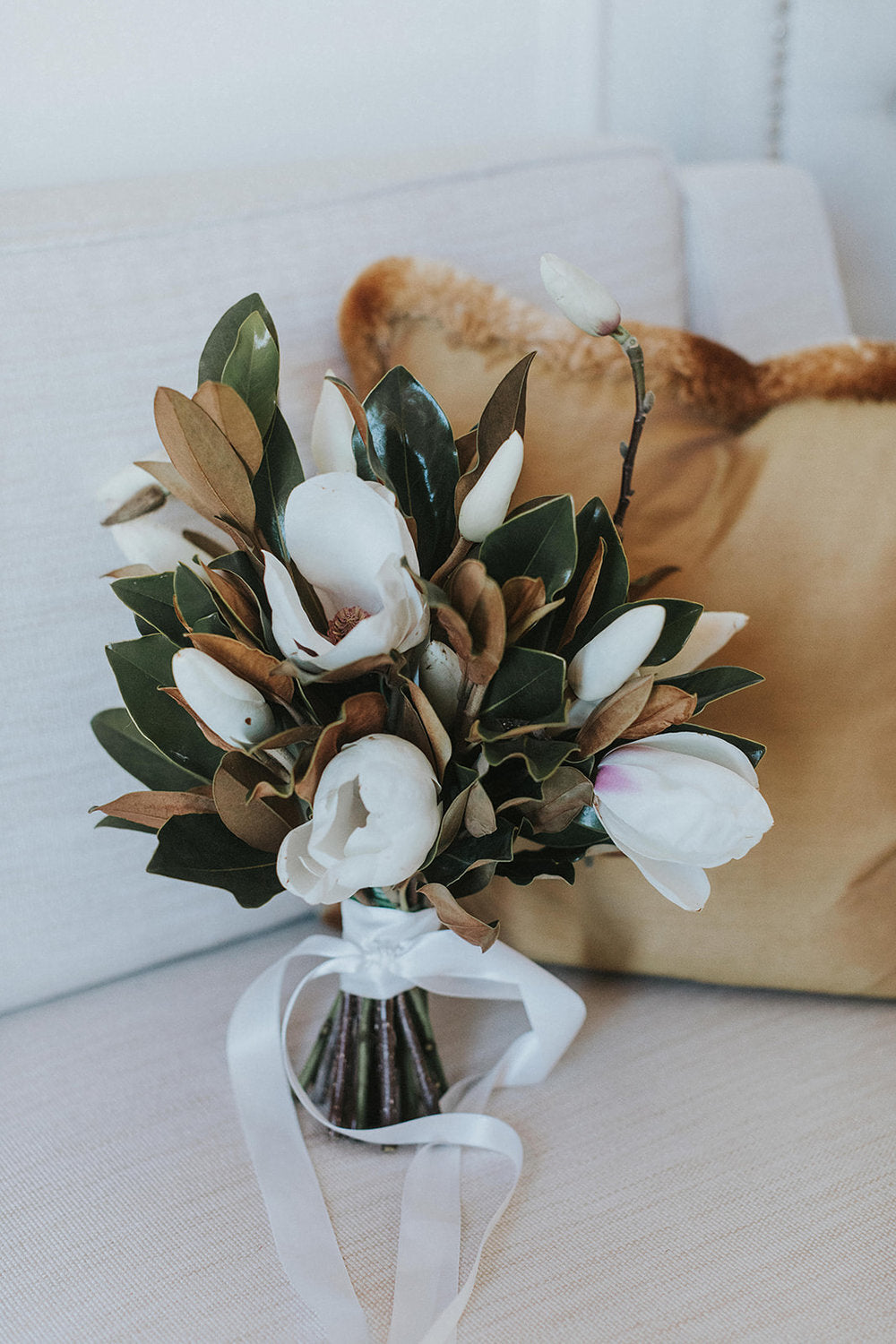 magnolia flower and leaf bridal bouquet