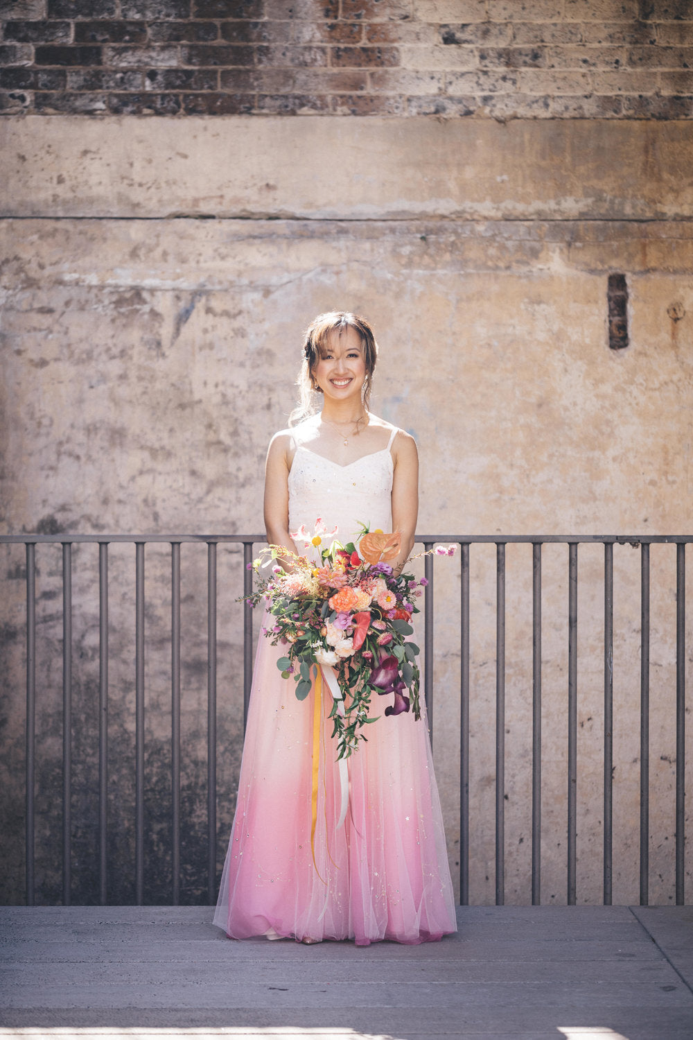 bride colouful pink gradient tulle dress paddington reservoir gardens