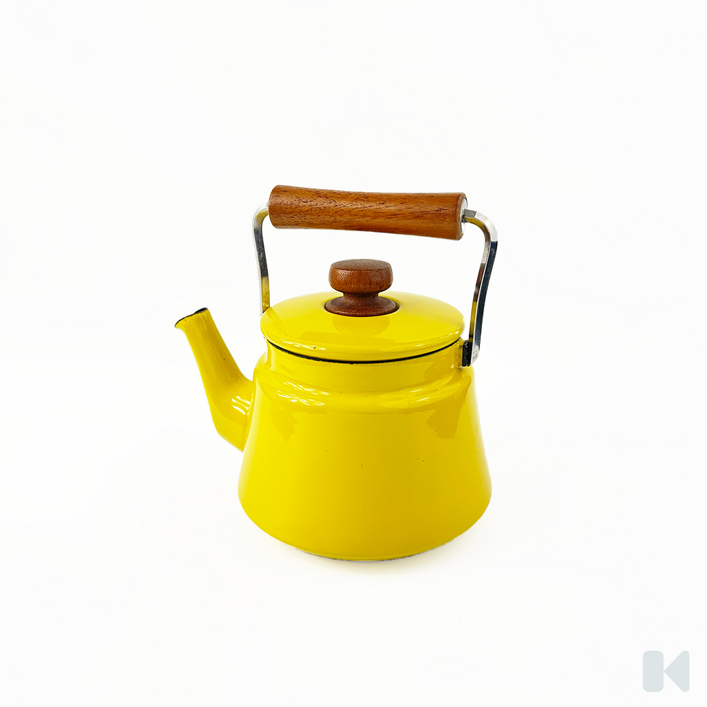 Danish Michael Lax Copco White Enamel Tea Kettle / Pot - Made in Spain -  Mid Century Modern Vintage Retro Design Coffee Pot Wood Handle