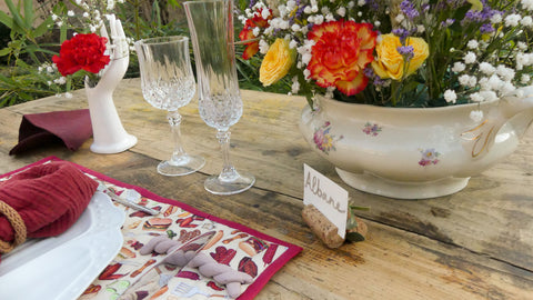 Country wedding inspiration table, flowers in tureen burger printed placemat