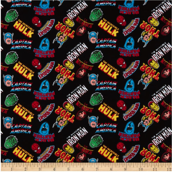 Cotton Fabric - Character Fabric - Marvel Comics IV Hero Stickers Hulk  Spiderman Thor White - 4my3boyz Fabric