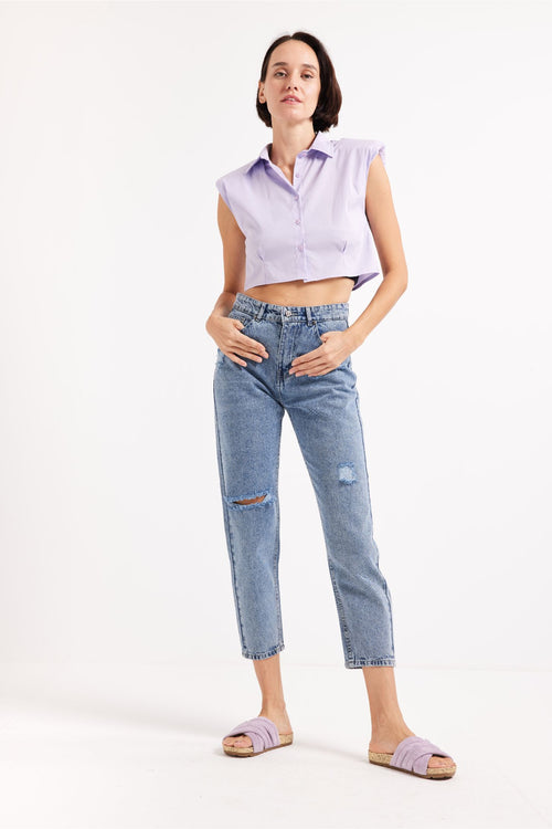 RIPPED MOM FIT JEANS - BLUE