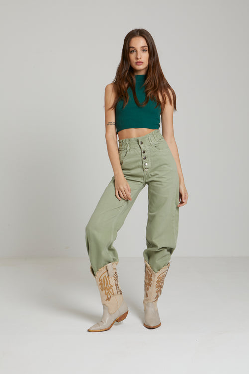 EXPOSED BUTTON FLY WIDE LEG JEANS - MINT GREEN