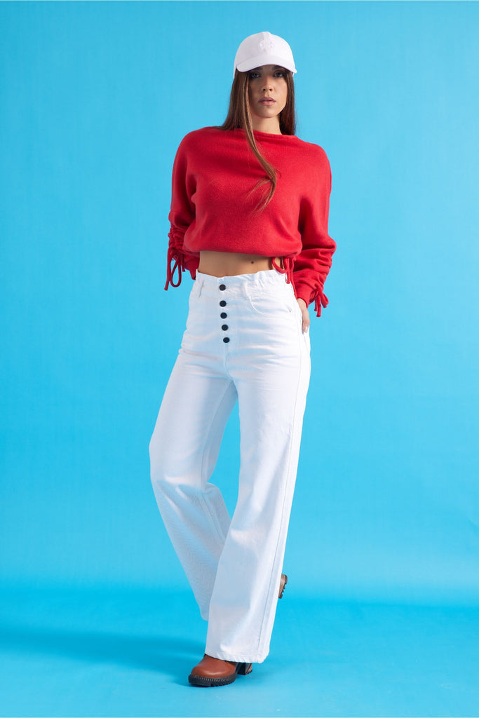 EXPOSED BUTTON FLY WIDE LEG JEANS-WHITE - Opio Shop