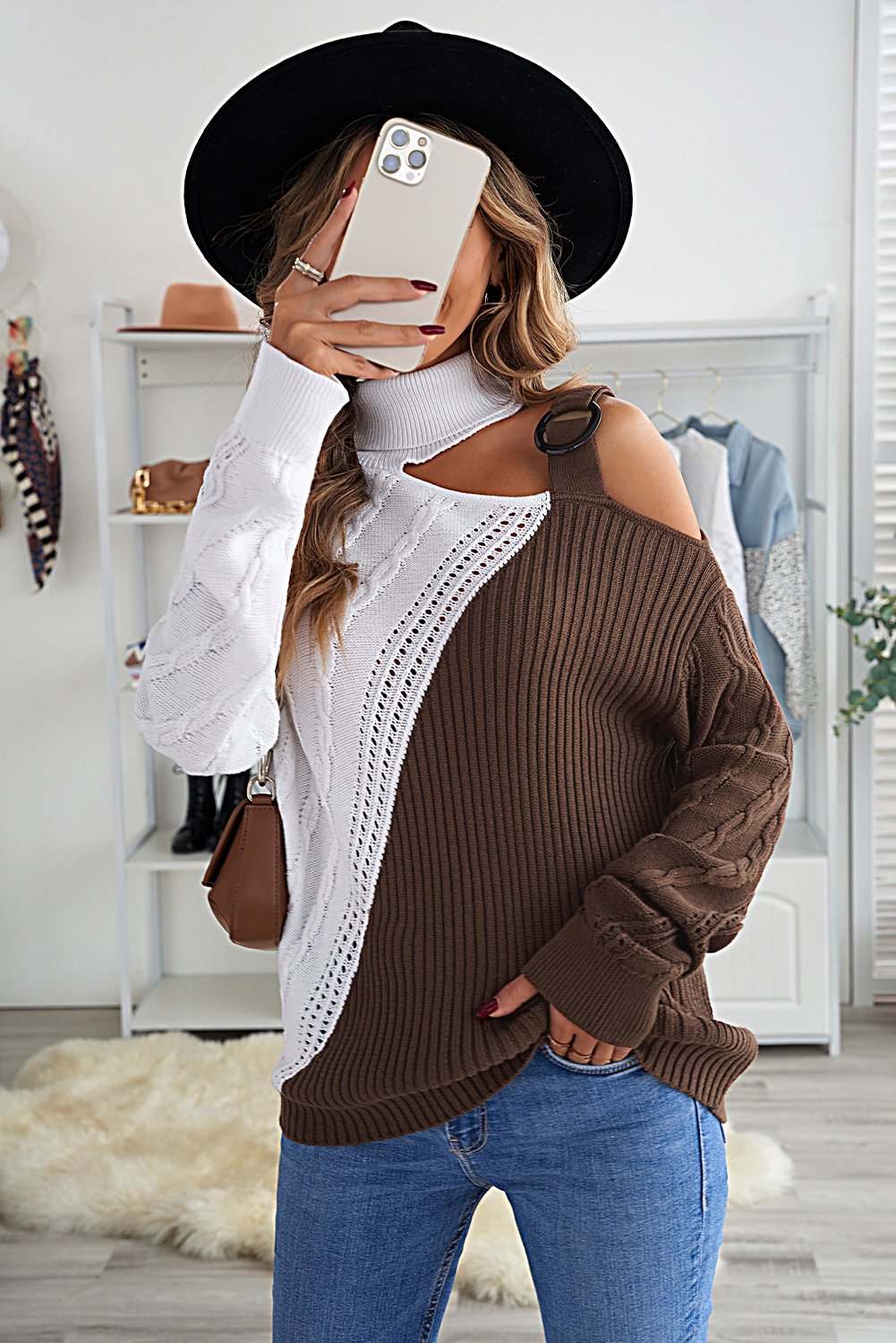 Chic Brown White Turtleneck Cold Shoulder Sweater