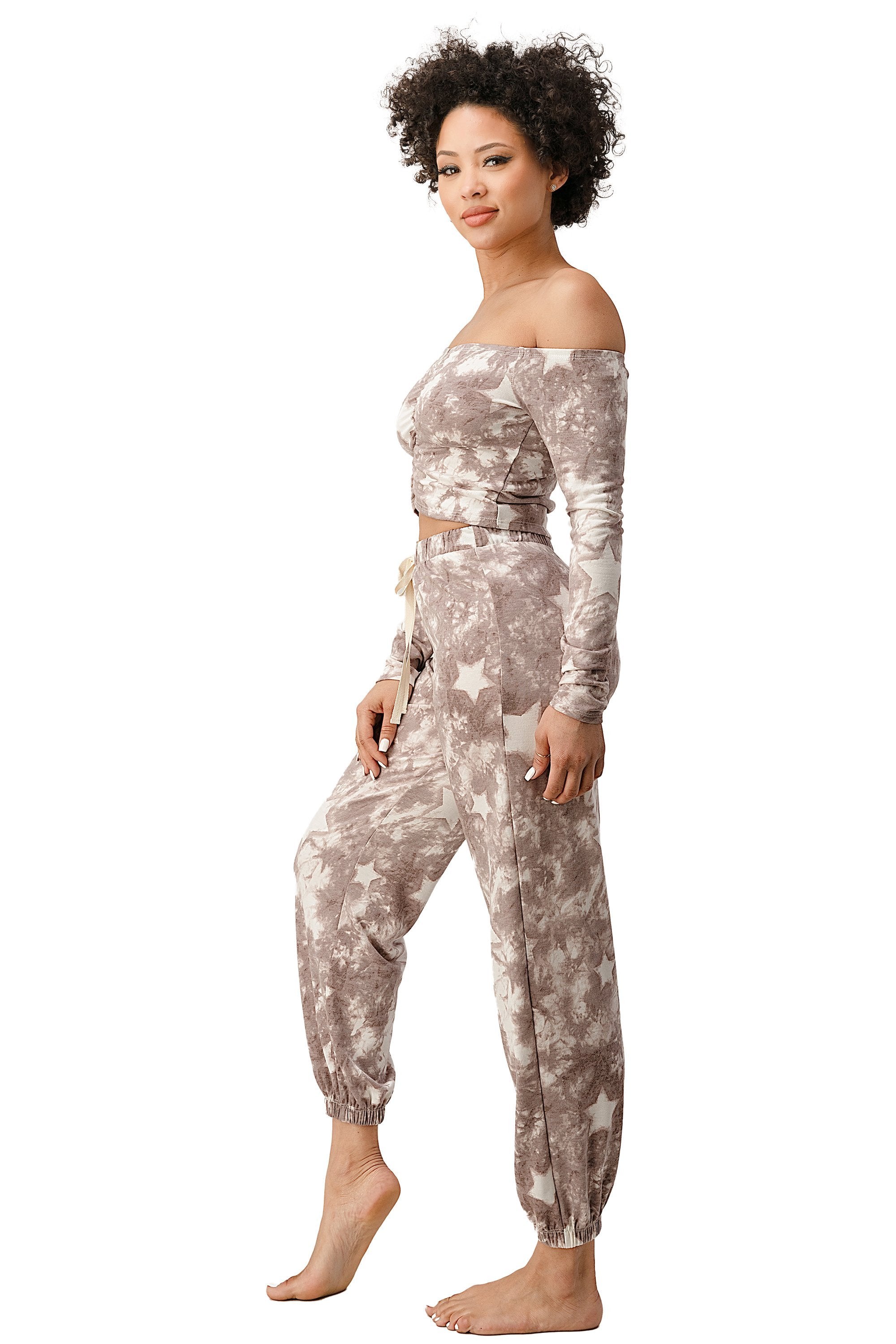 French Terry Tie Dyed Star Printed Off The Shoulder And Jogger Pants - Bansyh  