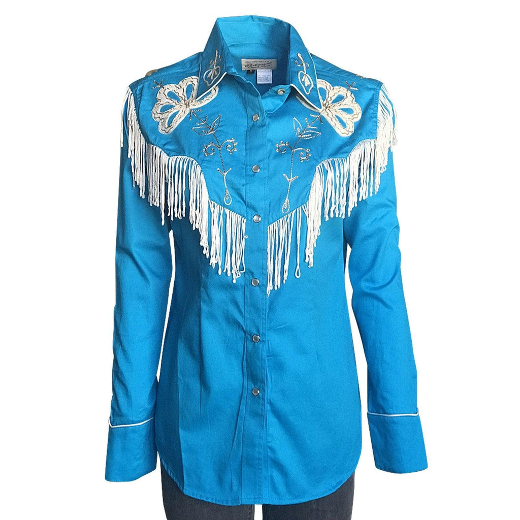 Rockmount Ranch Wear Womens Turquoise Fringe Embroidered Western Shirt ...