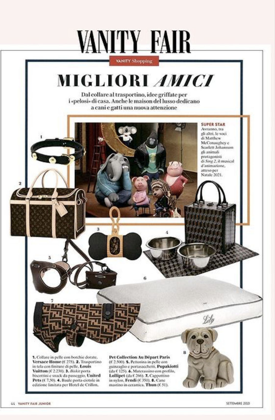 Vanity Fair October 2021. Selection of luxury brands for dogs. Pupakiotti