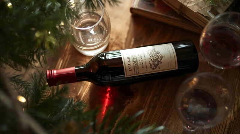 Top-down view of a wine bottle lying on its side with deep ruby red wine visible inside and a clear label in a bright, cozy setting.