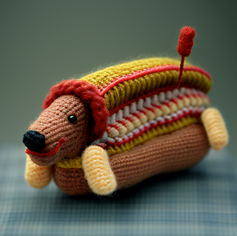 AI art image generated with Midjourney using prompts "knitted hotdog"