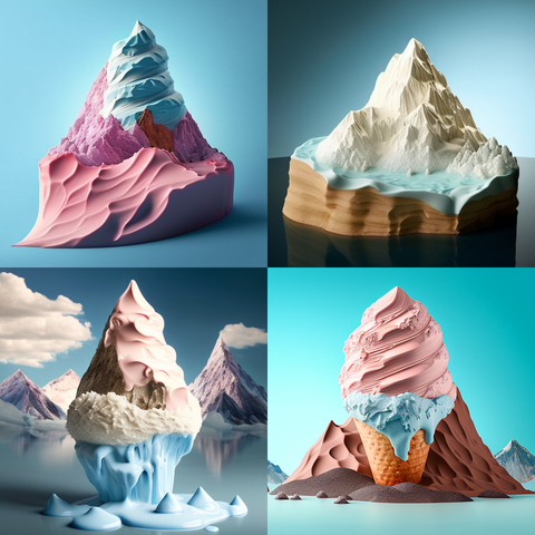 AI art image generated by Midjourney, using prompts "Photo of a mountain made of ice cream"