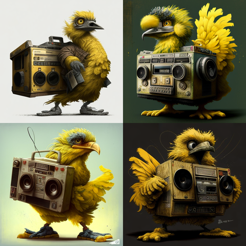 AI art image generated by Midjourney from prompt "Photo of big bird ghetto blaster breakdancing"