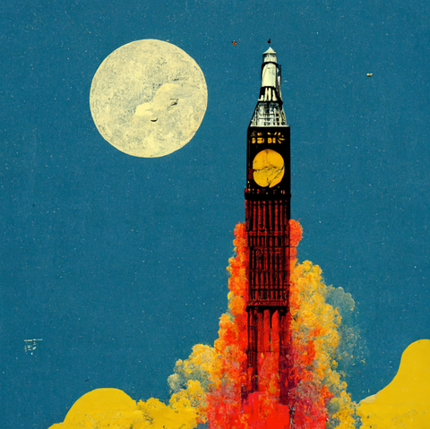 Midjourney AI Art Image made from prompts "Pop art, big ben launching like a rocket"