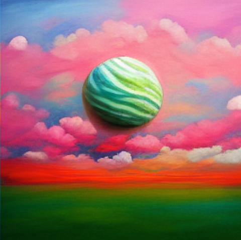 AI Art Image generated by Midjourney using the prompts "Pop art, iridescent, marshmallow planet with watermelon sky, hyperrealism"