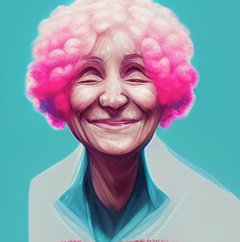 AI art generated image generated by Midjourney with prompt “Sweet smiling old lady with candy floss hair"