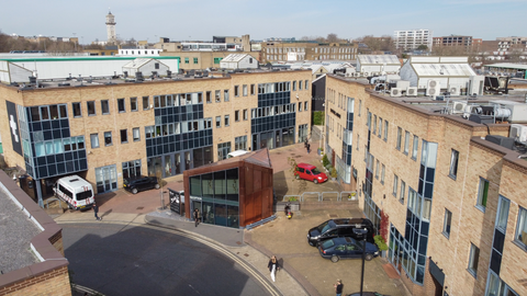 An aerial photograph of Tileyard Studios north of King's Cross in London, the location of Two Tribes Brewery and CAMPFIRE Taproom