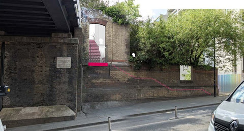 The proposed stairway from the Camden Highline at the old Maiden Lane Station on York Way