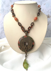 Agate Pendant and Stone Disk Beaded Necklace 