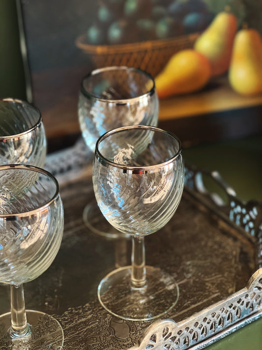 Set of4 Vintage Etched Glass Gold Rim Wine Glasses 2- 7 1/2”, 1- 6 3/4”, 1  7 1/4