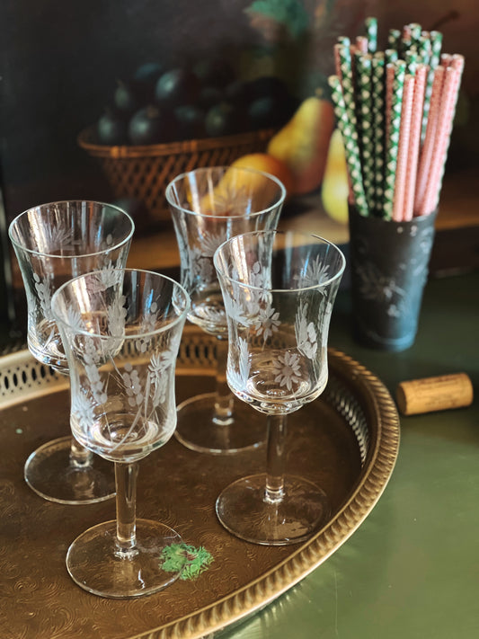 4 Vintage Etched Crystal Wine Glasses ~ Port Wine Glasses, Set of