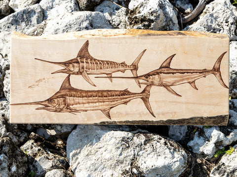 mokie burns offshore fishing art - wood burned original of blue marlin, white marlin and swordfish