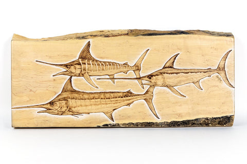 Final Original Artwork - Billfish Slam on maple - Mokie Burns fishing art, wood burning art, pyrography artwork