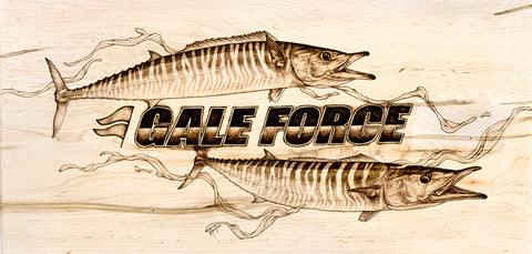 Wahoo offshore fishing art - original wood burned piece by Mokie Burns for the Gale Force Twins