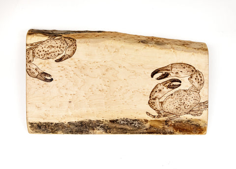 florida stone crab serving tray - original wood burning art commission on birds eye maple live edge lumber