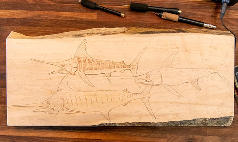 mokie burns art original - work in progress shot of billfish slam on birdseye maple