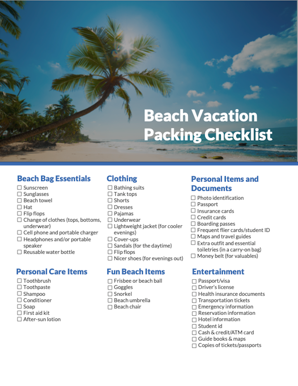 Beach Vacation Packing Checklist