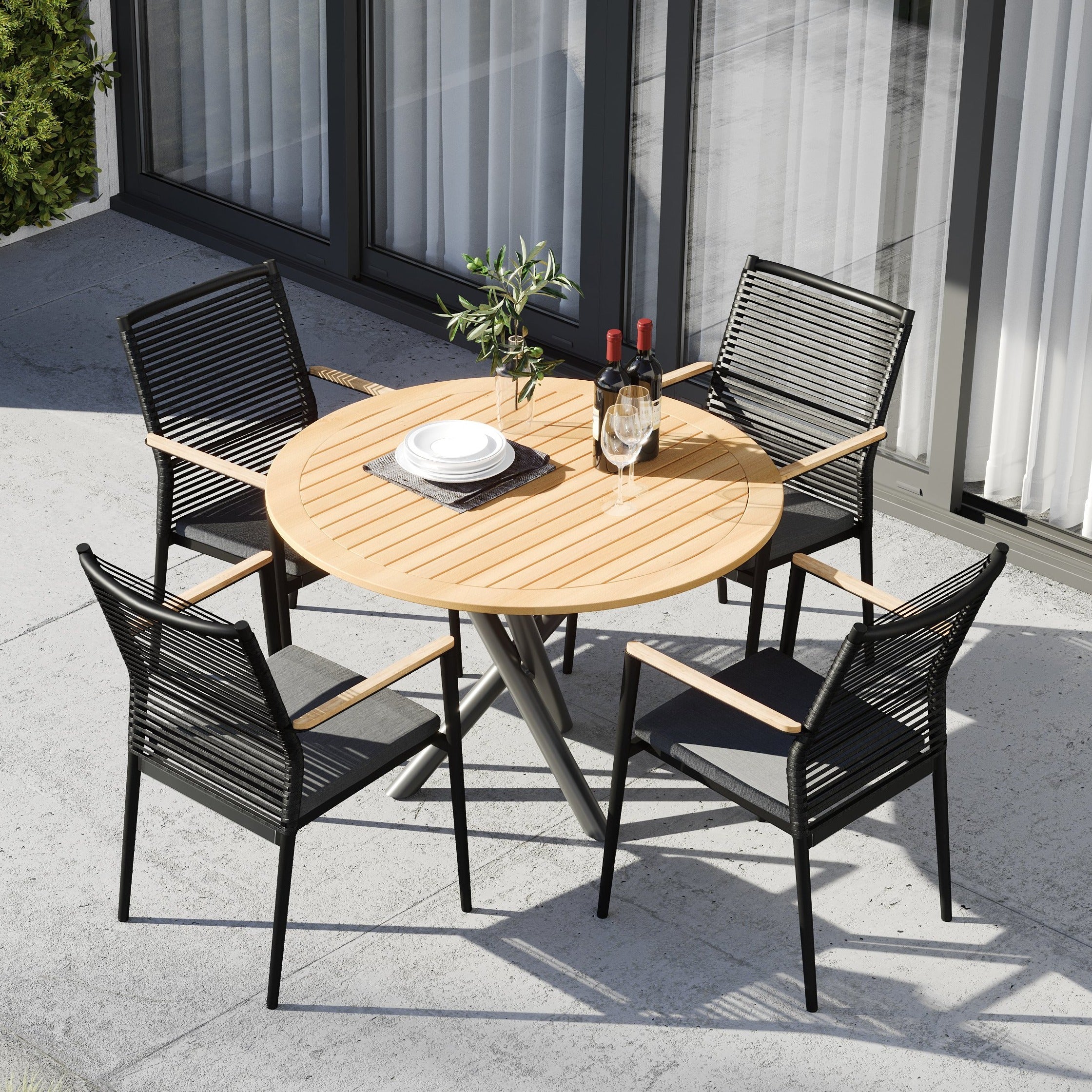 Portland 4 Seat Round Dining with Teak Table - Charcoal/Teak