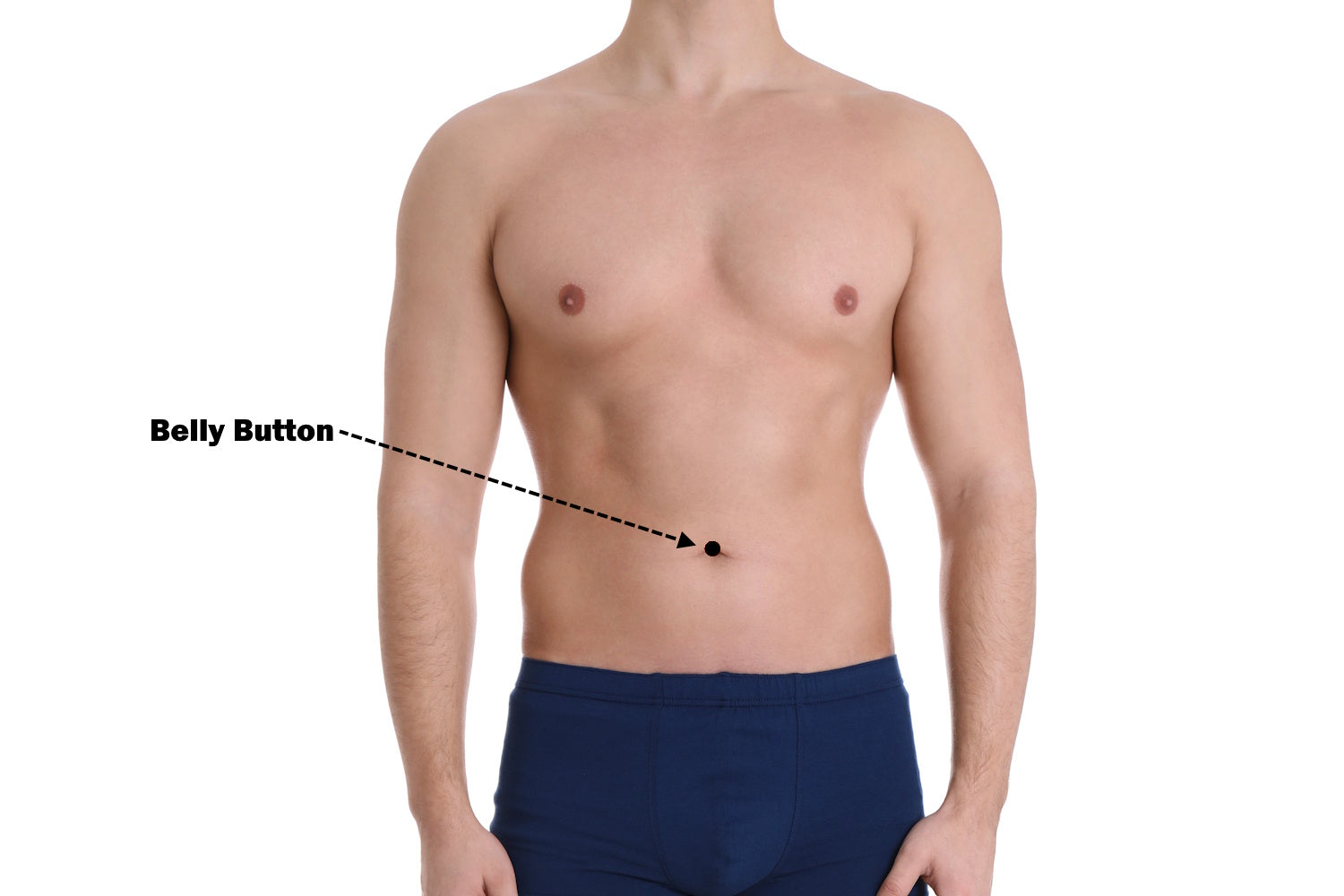 A photo of a man with the location of a belly button piercing pointed out by an arrow.