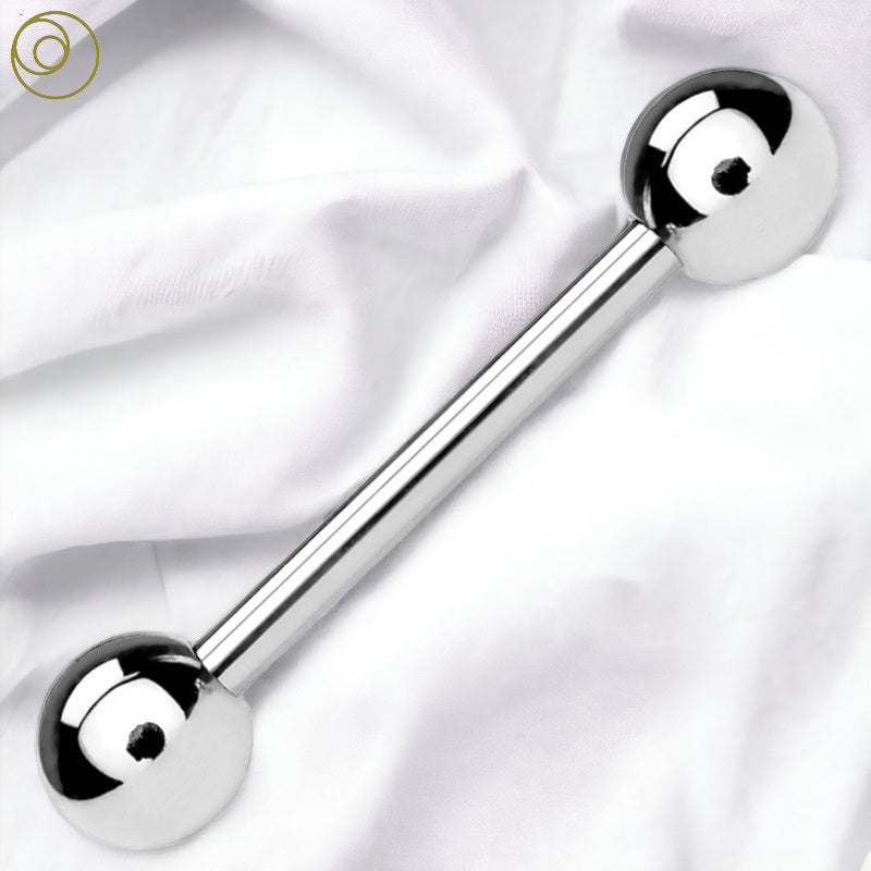 One medium-sized surgical steel nipple bar pictured diagonally against a white fabric background.