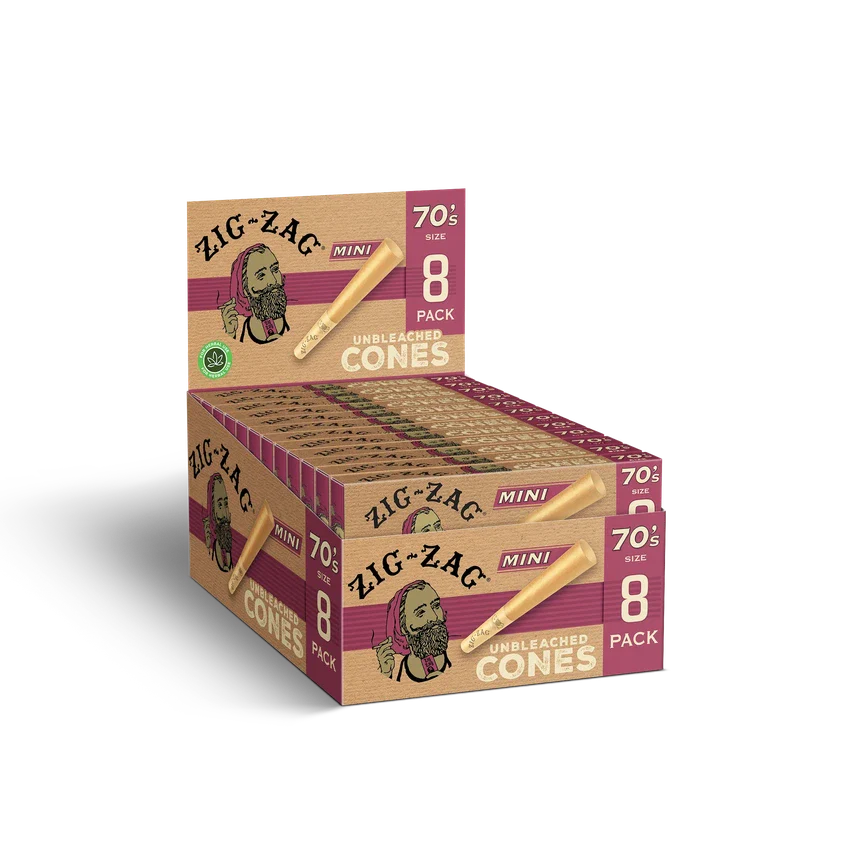 Zig-Zag 70's Unbleached Cones 18 Per Pack - (8 Count Per Bulk Cones Display)