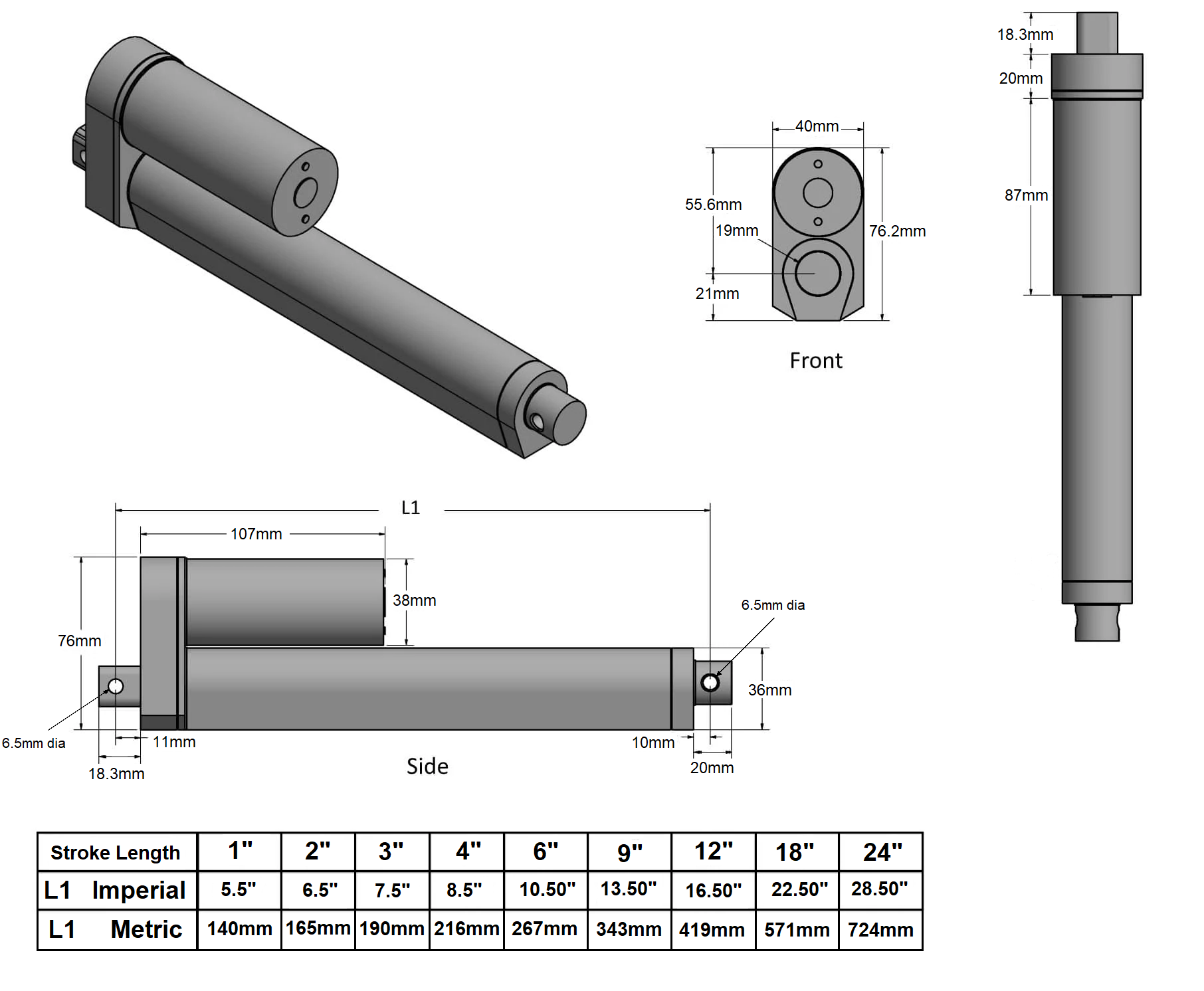 12v linear actuator dimensions metric