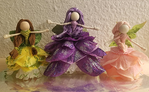 Flower fairy dolls, faerie fairies, dolls, tier tray, display, whimsical, fantasy, magical