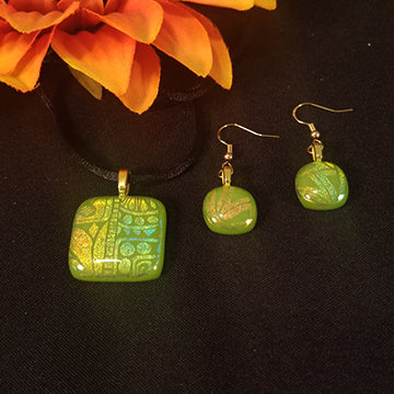 Dichroic Fused Glass Jewelry set Green and gold pendant and earrings set 
