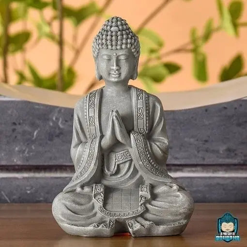 Statue bois Bouddha une main levée 60cm fleur blanche