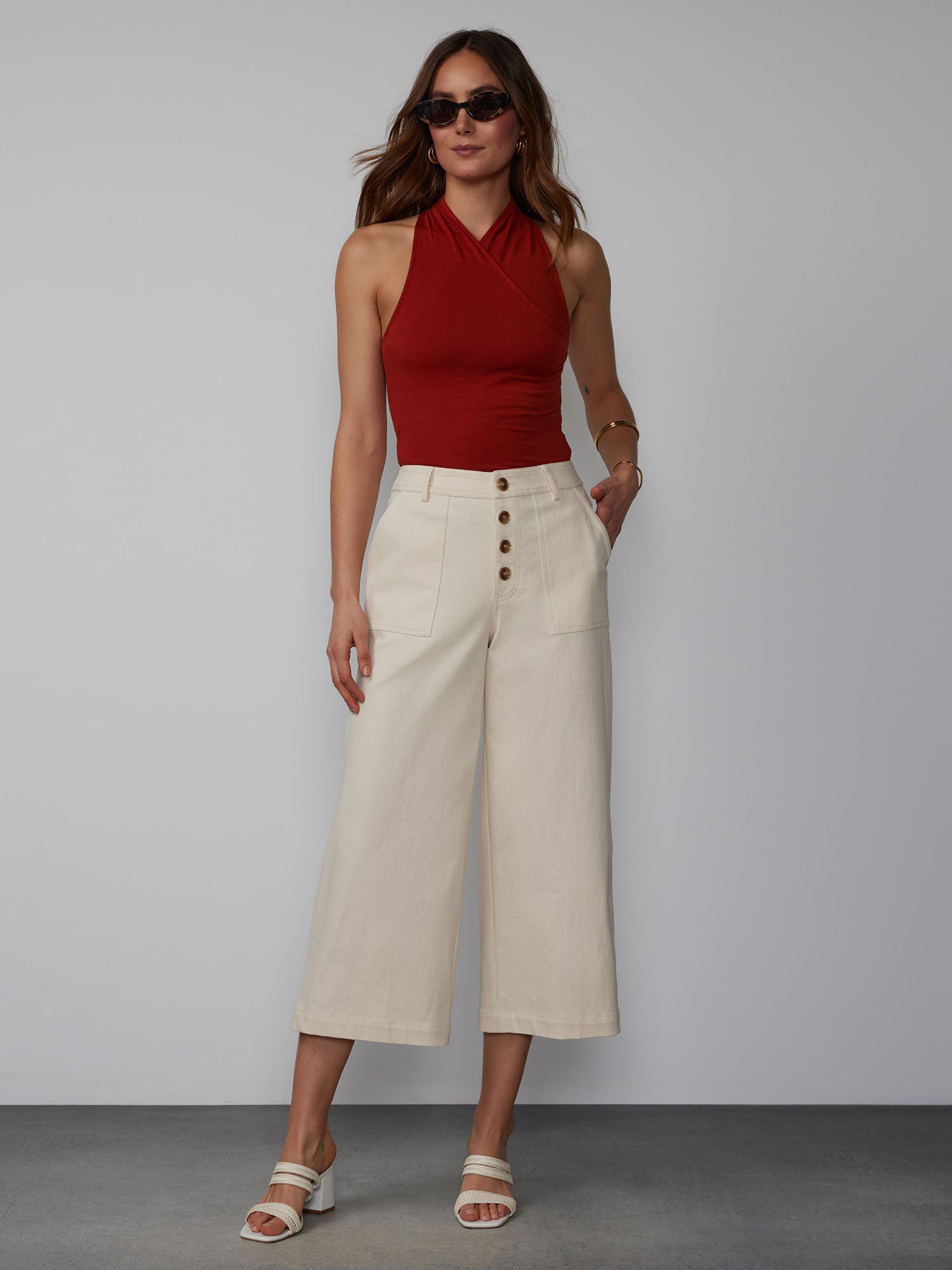 4 Button Wide Leg Twill Cropped Pant