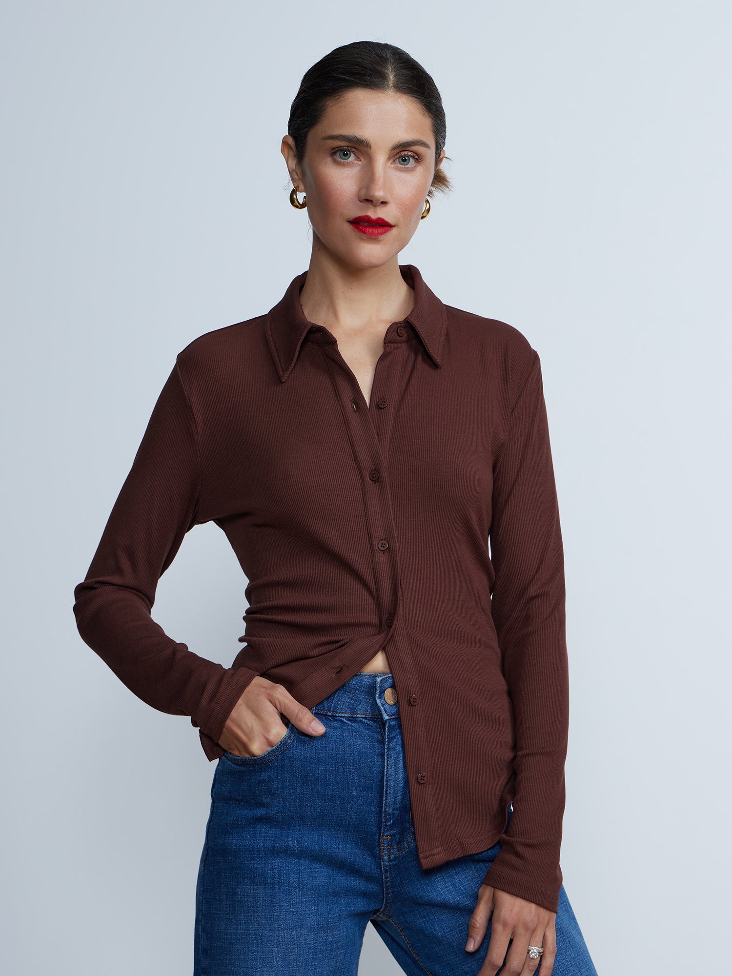 Long Sleeve Ribbed Knit Button-Front Shirt