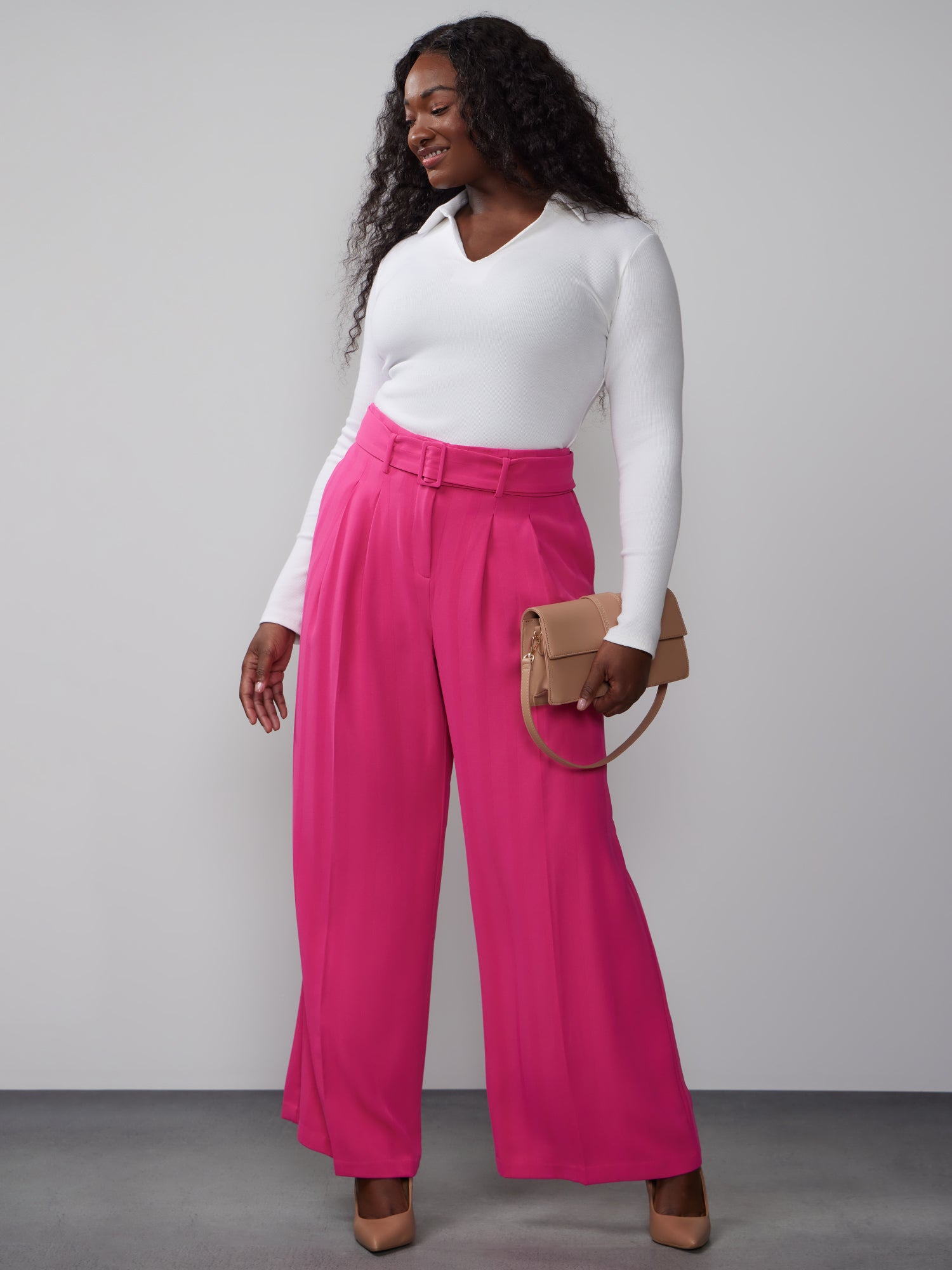 Plus Belted Crepe Wide Leg Pant