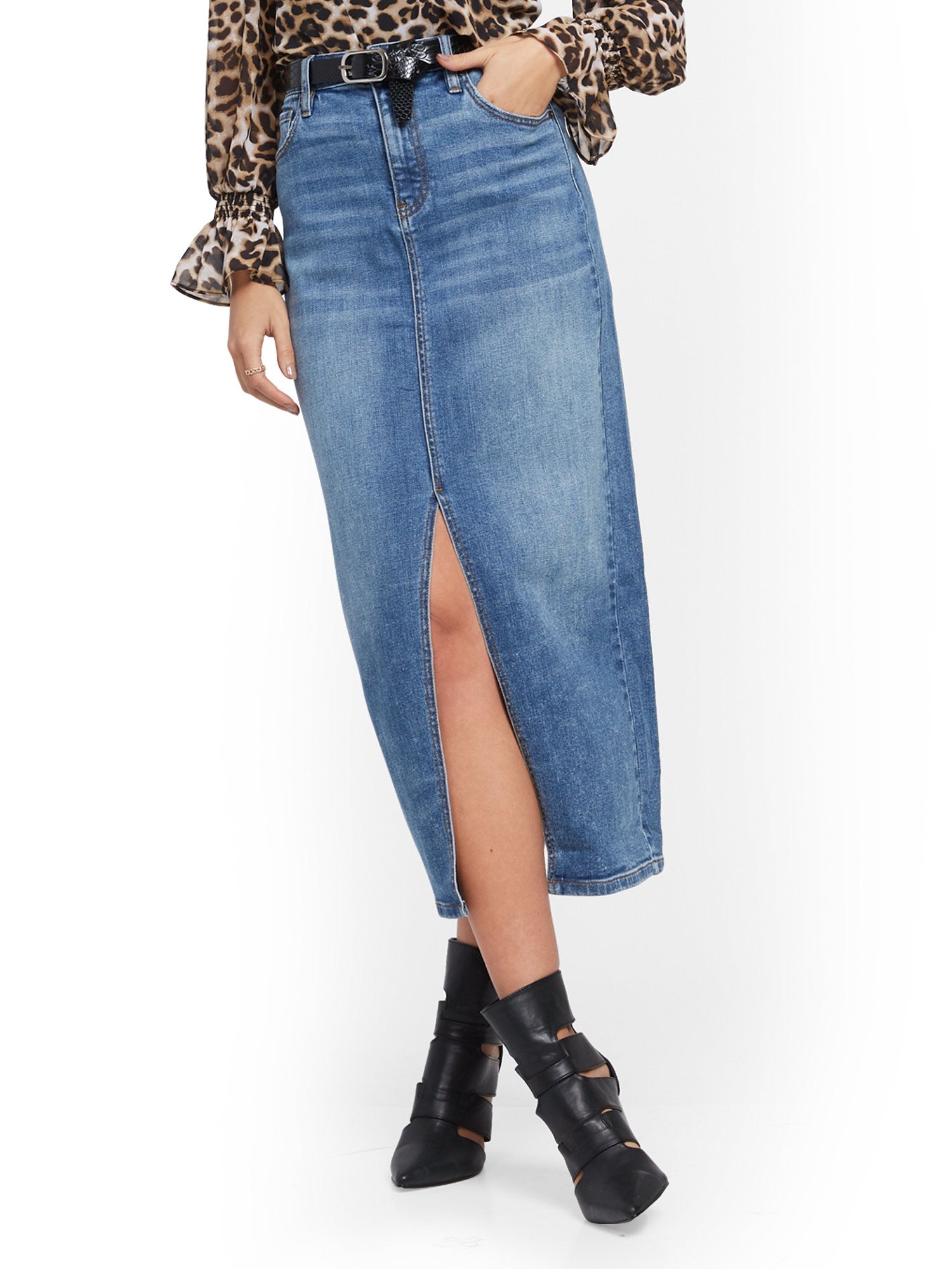 High-Waist Front-Slit Denim Skirt | NY&Co