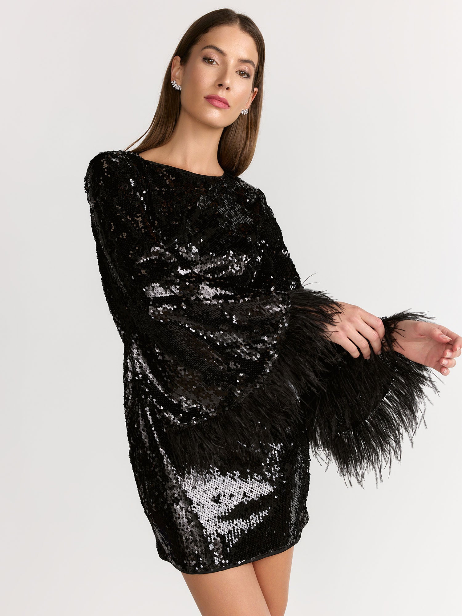 Lena Long-Sleeve Feather Trim Sequin Dress - Brands We Love | NY&Co
