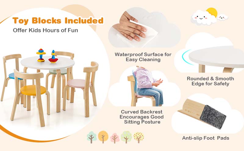 Eletriclife 5-Piece Kids Wooden Curved Back Activity Table and Chair Set with Toy Bricks