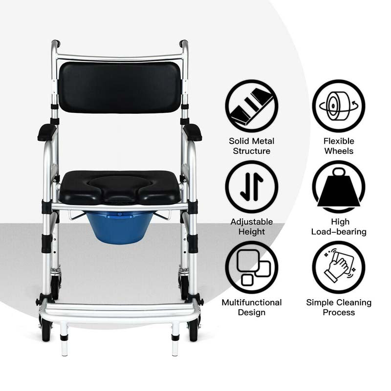 Eletriclife 2-in-1 Aluminum Commode Shower Wheelchair with Locking Casters