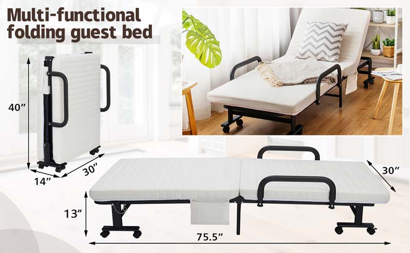 Eletriclife Adjustable Folding Guest Bed Frame with Mattress and Wheels