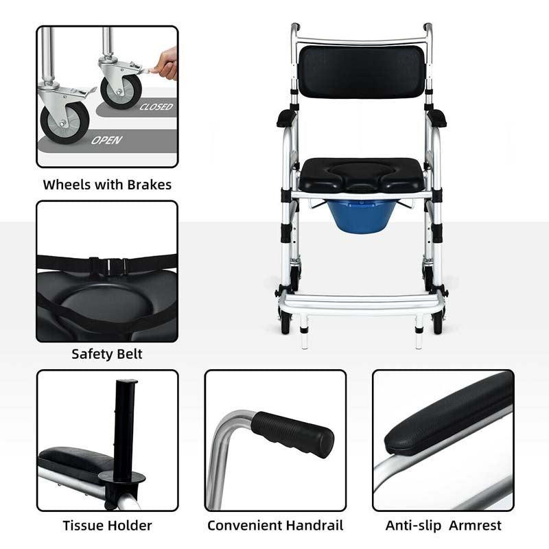 Eletriclife 2-in-1 Aluminum Commode Shower Wheelchair with Locking Casters